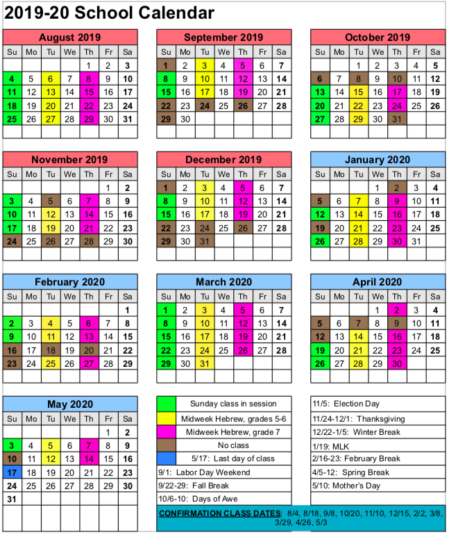 Religious School Calendar - Ner Tamid